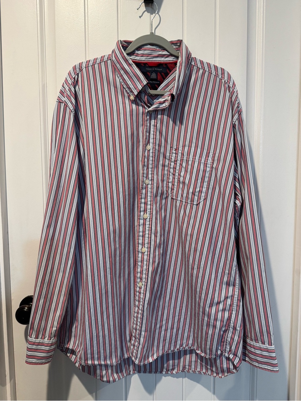 Tommy Hilfiger Red, White & Blue Striped Button-Down 80’s 2 Ply Cotton Shirt